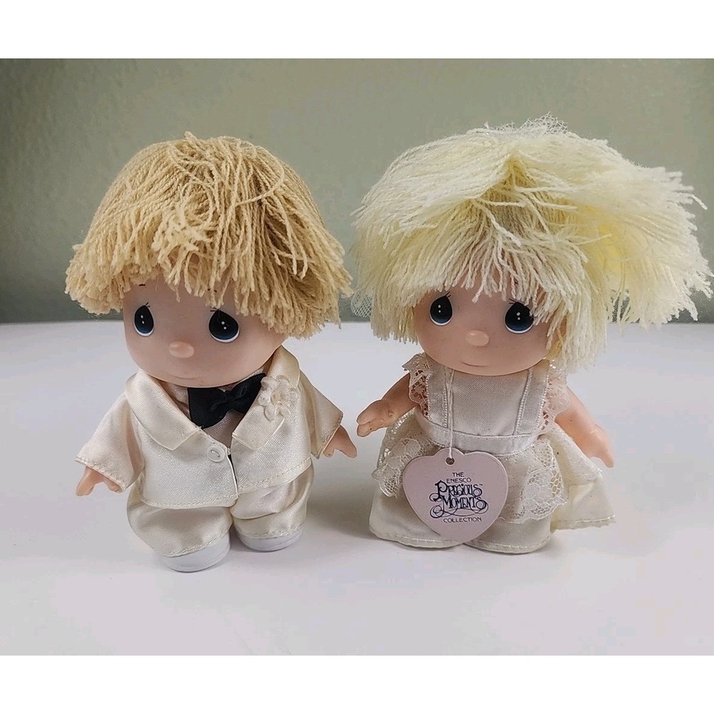 Vintage 1989 Enesco Precious Moments Wedding Couple Bride and Groom Dolls 4.5"